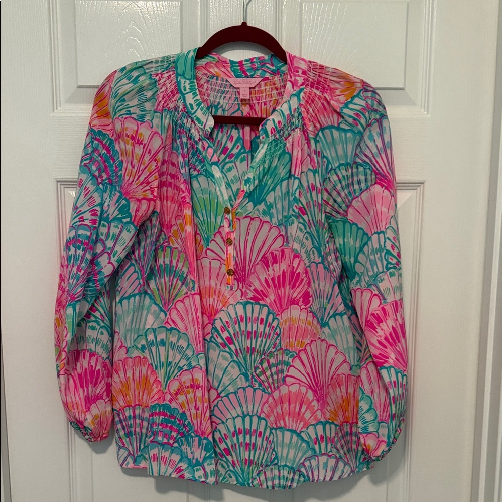 Lilly Pulitzer silk Vibrant Pink & Teal Shell-Print Women's Blouse